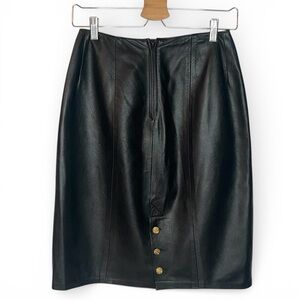 Vintage 90s Black Leather Midi High Rise Mini Pencil Skirt Gold Buttons 4